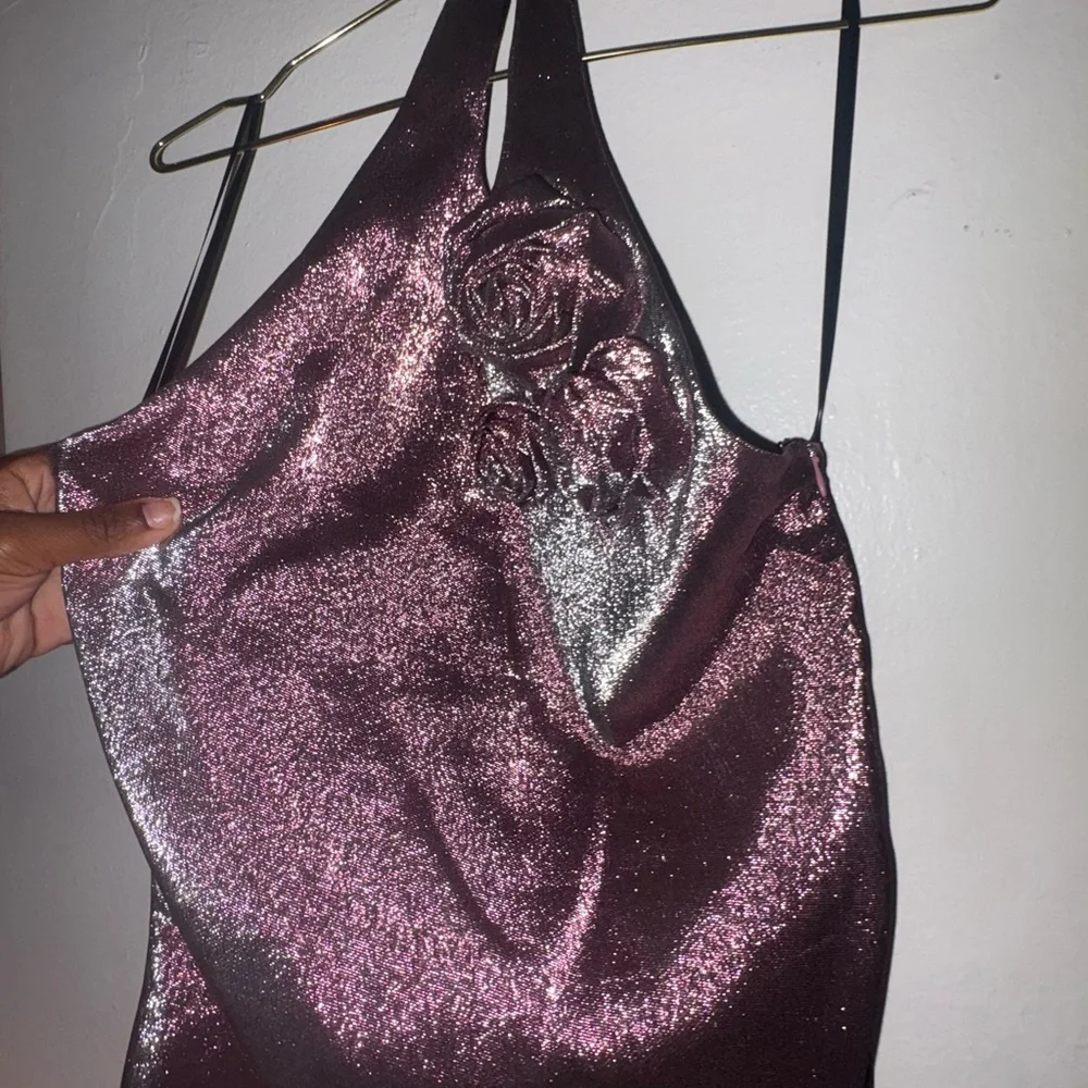 AREA Crystal Embellished Metallic Pink Halter Top ✨ Worn Once